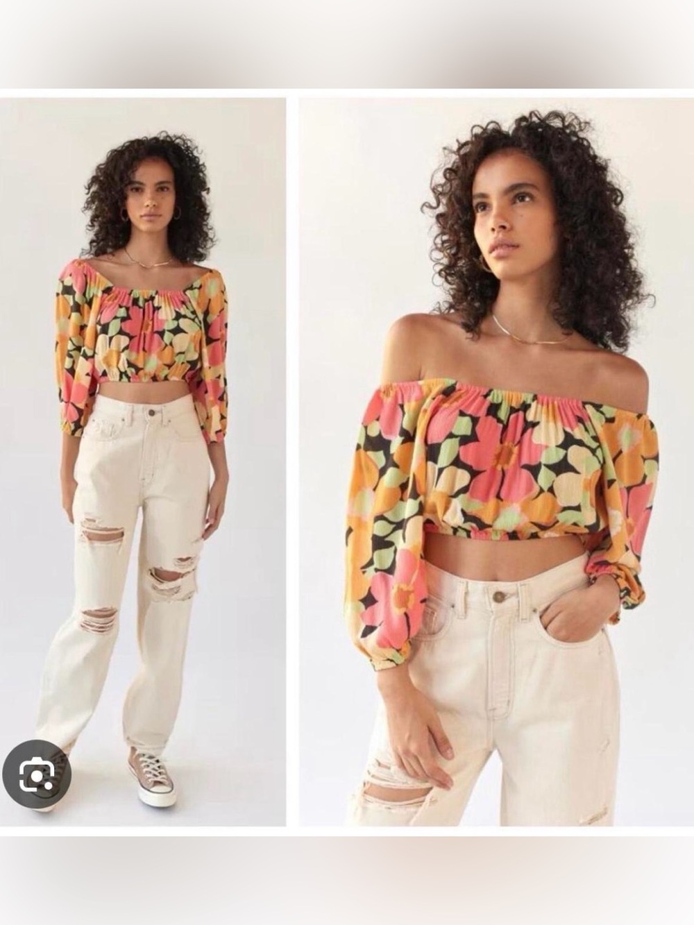 Billabong Floral Cropped Blouse Retro 70s 3/4 Balloon Sleeve Square Neck Top L
